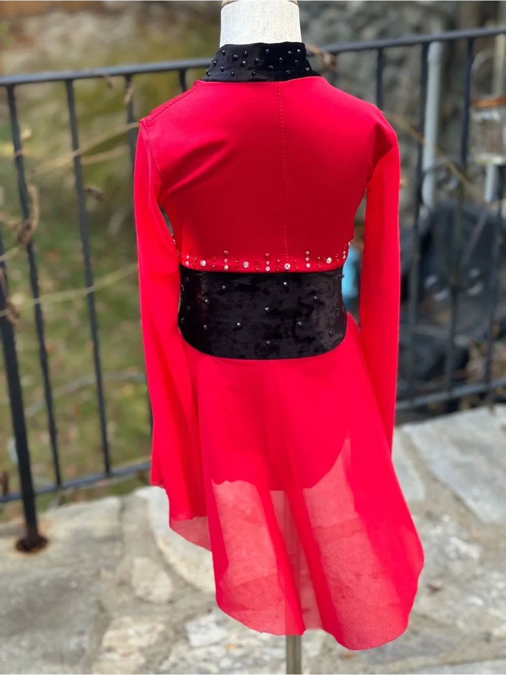 Red and Black Embellished Dance Costume with Gold Floral Appliqué - lyrical -